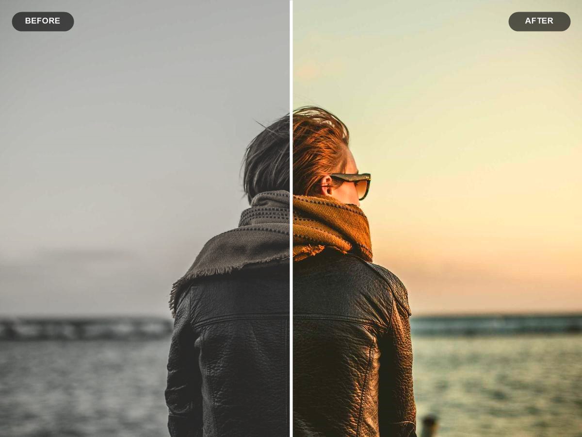 Before and after: flat grey photo turned into a warm sunset grade